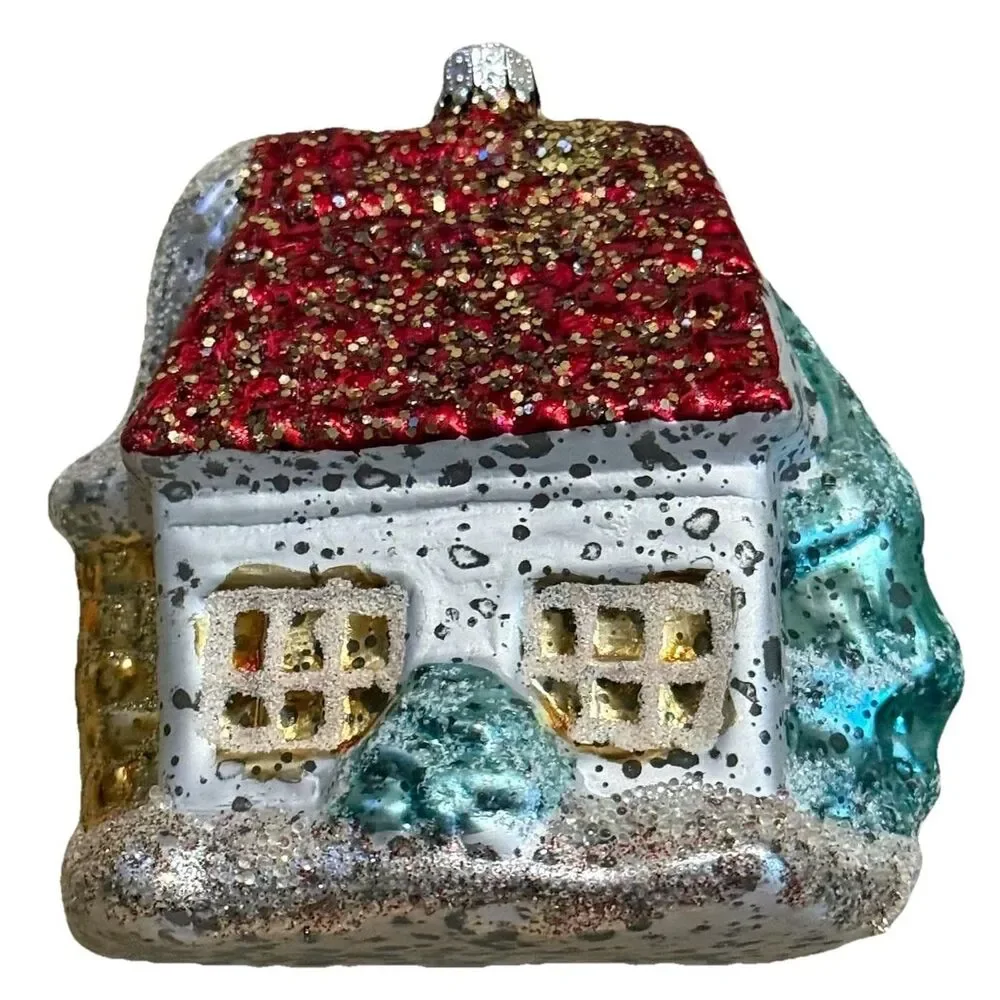 Vintage House Christmas Ornament Glass Glittered 4